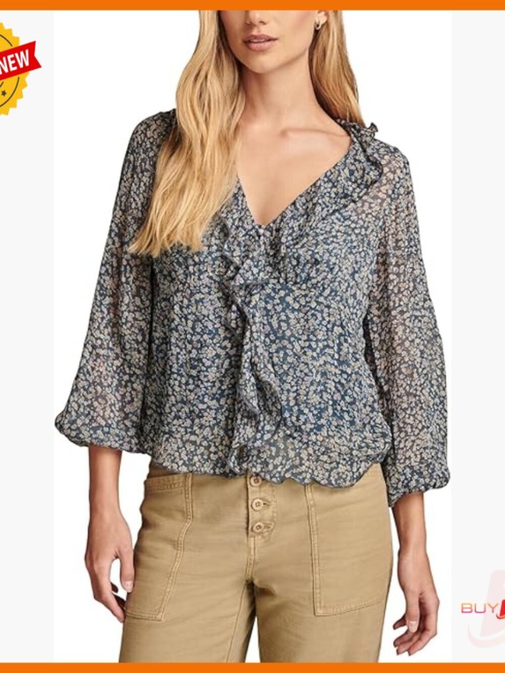 Long Sleeve Button Front Ruffle Top, Peasant Style, Lightweight Chiffon
